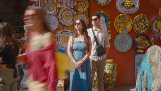 couple posing in amalfi for their pre wedding shoot in italy 